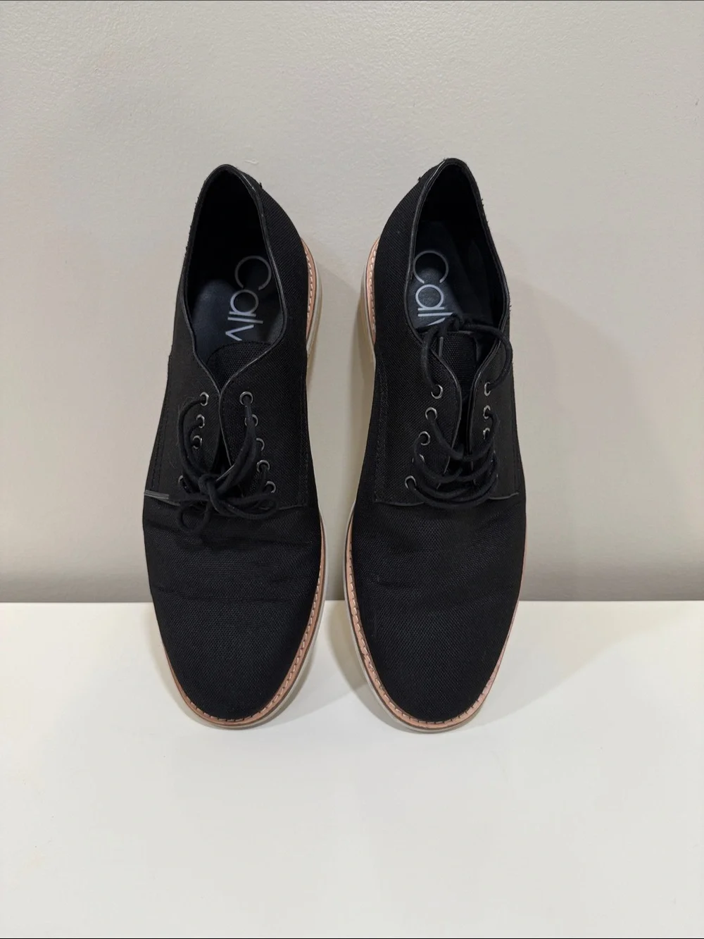 Men’s Calvin Klein Black Canvas Derby Shoes with Natural Trim, Size 13